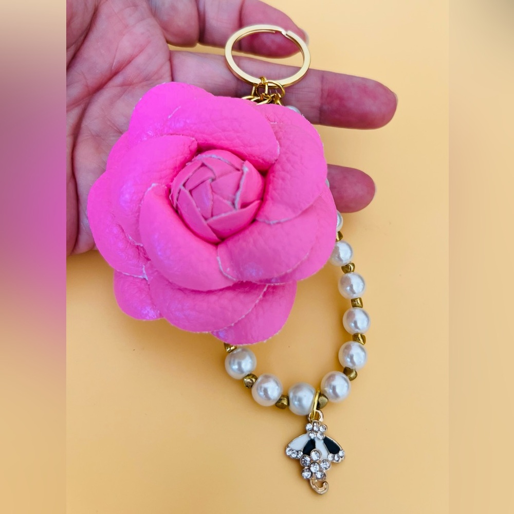 Pink Camellia Flower Keychain with Pearl Bead Strap